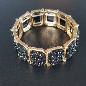 Bracelet w/ Rectangular Panels Set In A Gold Tone Frame Filled With Texture Blac